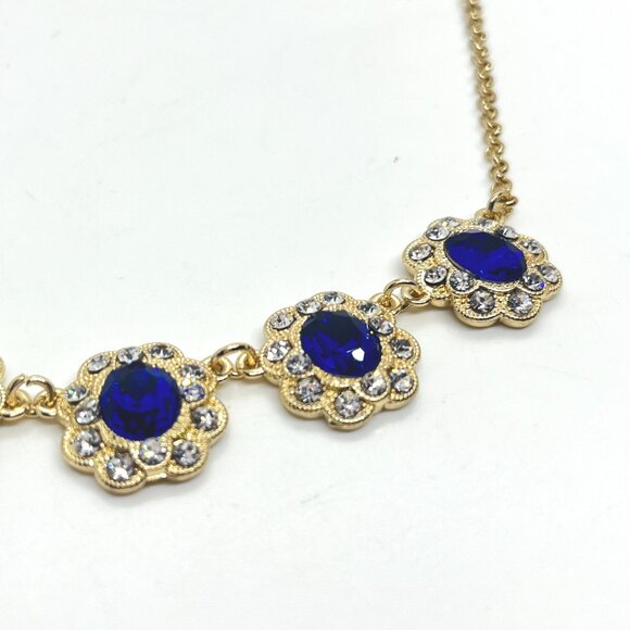 MONET BLUE CLEAR RHINESTONE FLOWER FLORAL STATION NECKLACE GOLD TONE CHAIN NWT - Picture 6 of 15